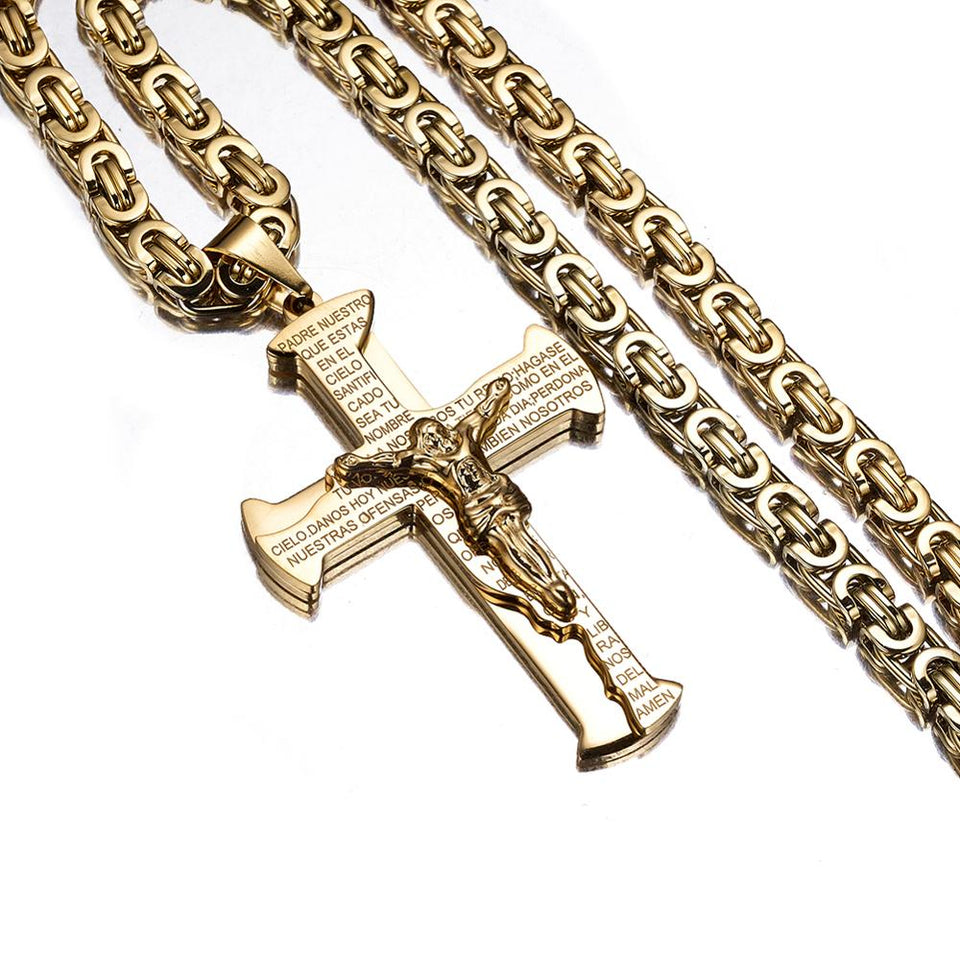 Large Chain Lord's Prayer Jesus Crucifixion Cross Pendant Necklace ...