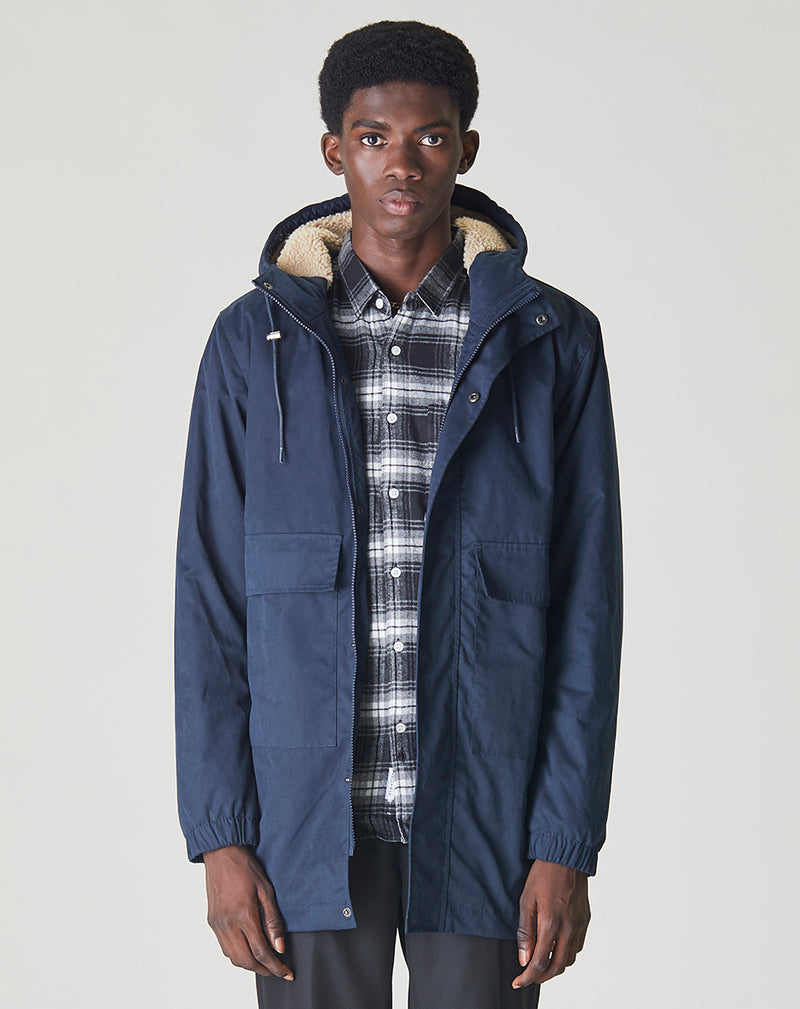 Raka Sherpa Lined Parka Jacket in Navy | Men's Coats - Bellfield Clothing