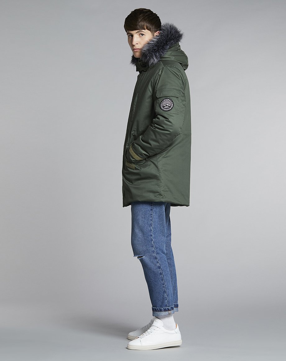 mens green parka with fur hood