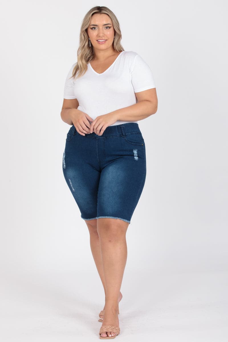 Wholesale Plus Size Pull-on Super Stretch Distressed Bermuda Shorts for Sale