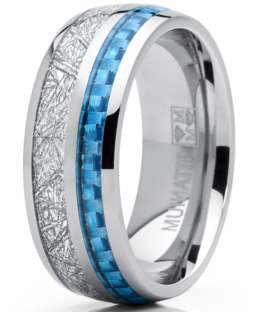 8mm Men's Titanium Wedding Band Engagement Ring with Baby Blue Carbon ...