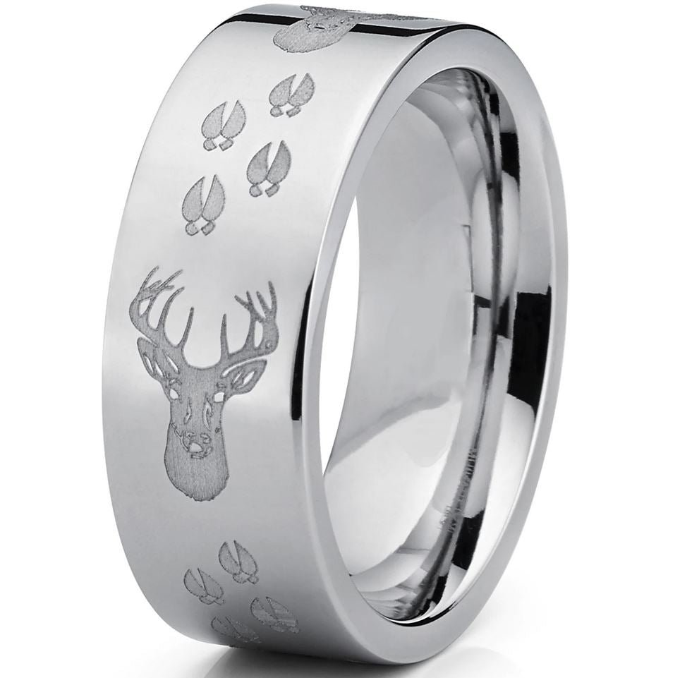 Men's Deer Hunting Titanium Ring Wedding Band High Polish Silver 8MM ...