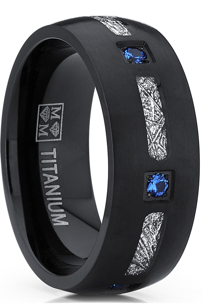 Men's Black Titanium Wedding Band Imitation Meteorite Ring Blue Cubic Zirconia 8mm