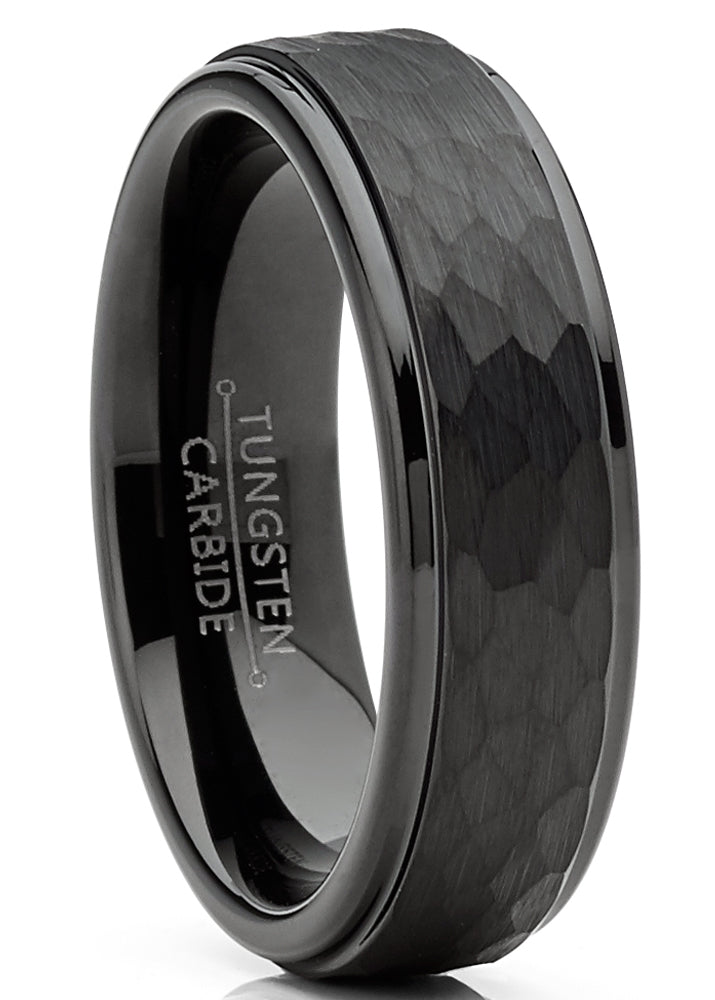 Mens Tungsten Black Wedding Band Ring Hammered Center