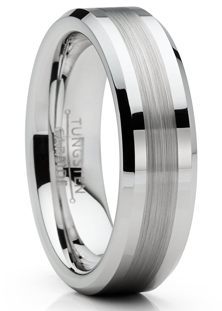 Mens Tungsten Ring Brushed Wedding Band Silvertone Comfort