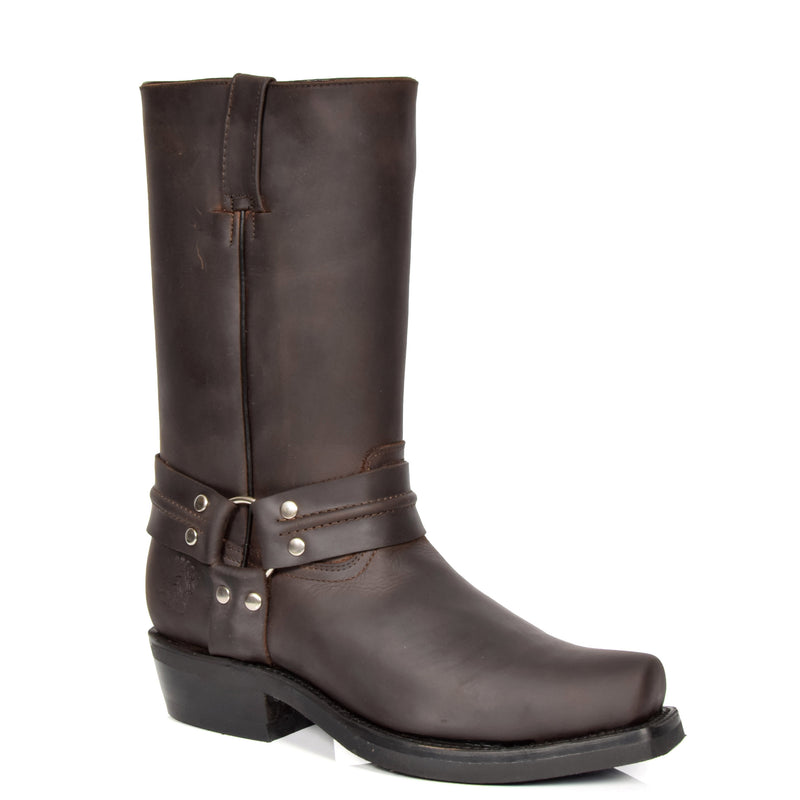 Calf Length Slip on Biker Leather Boots Brown | House of Leather