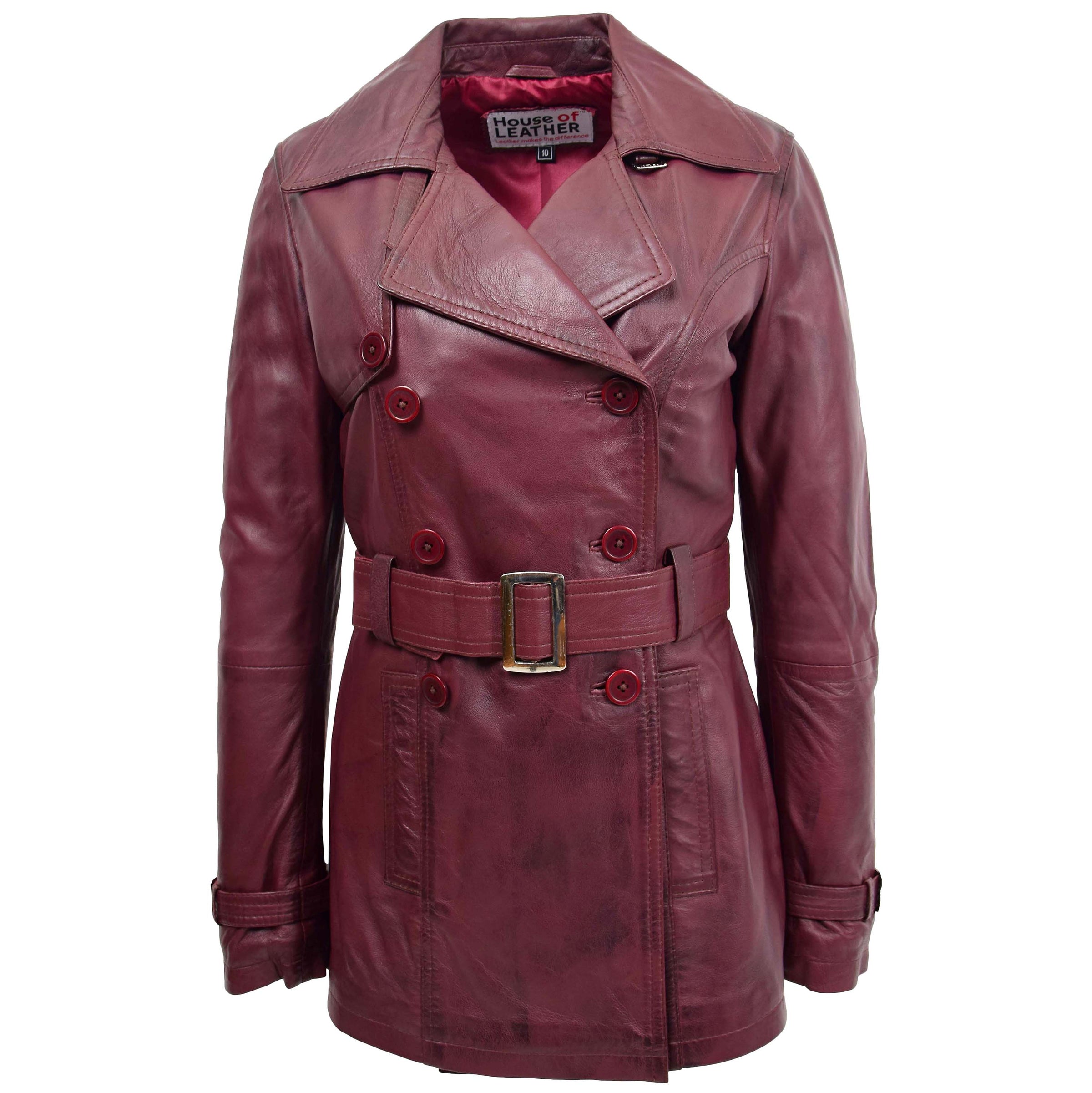 Ladies Double Breasted Trench Coat Burgundy | House of Leather