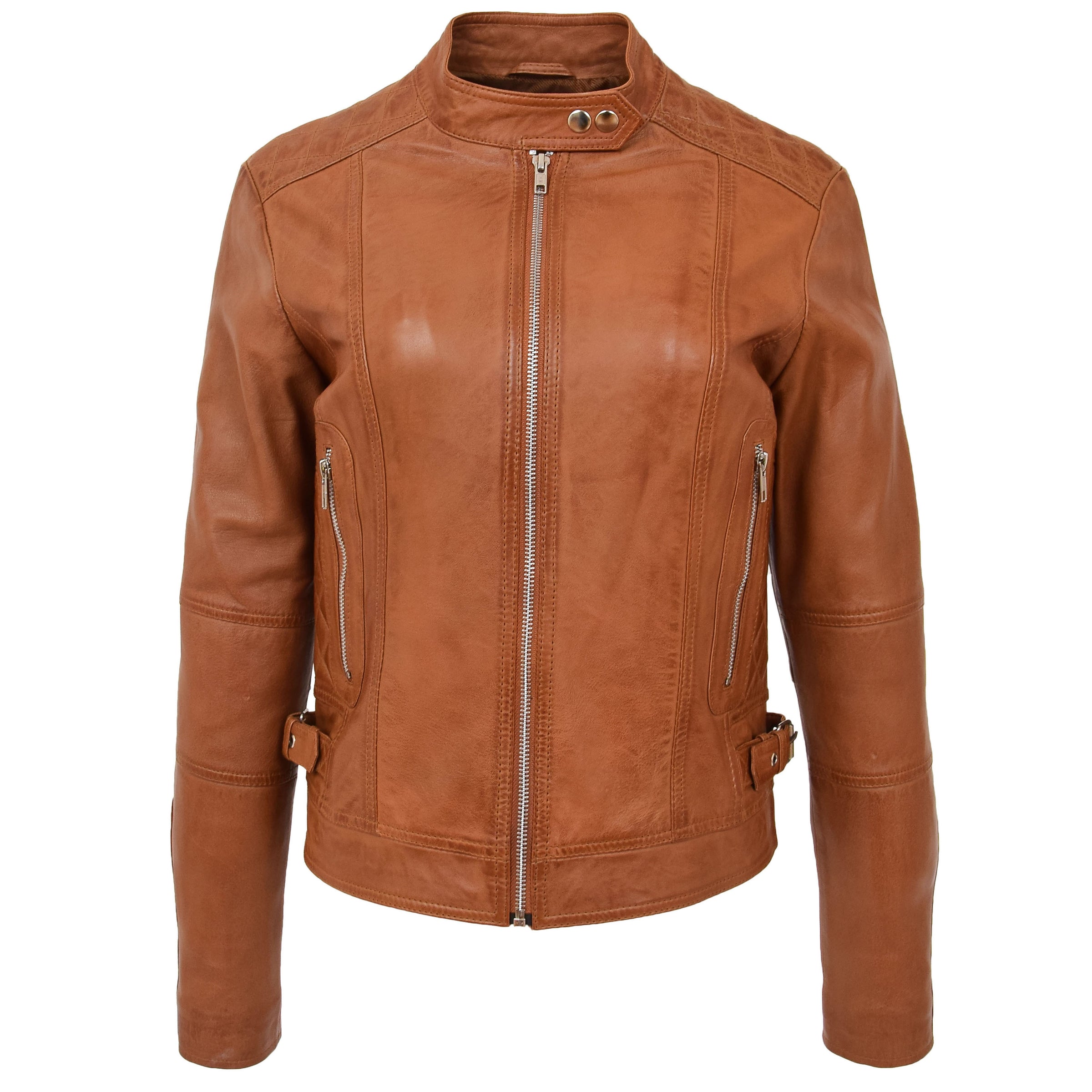 Womens Soft Leather Casual Zip Biker Jacket Tan | House of Leather