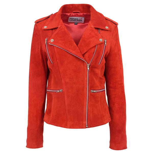 Womens Biker Style Suede Jacket Red | House of Leather