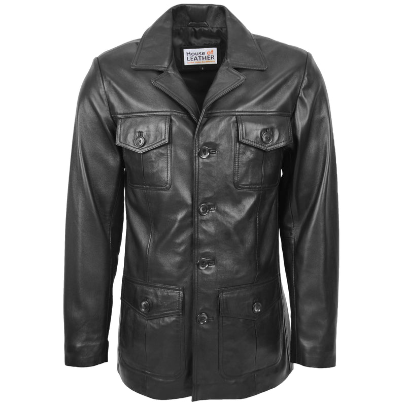 Mens Button Fastening Reefer Leather Jacket Black | House of Leather