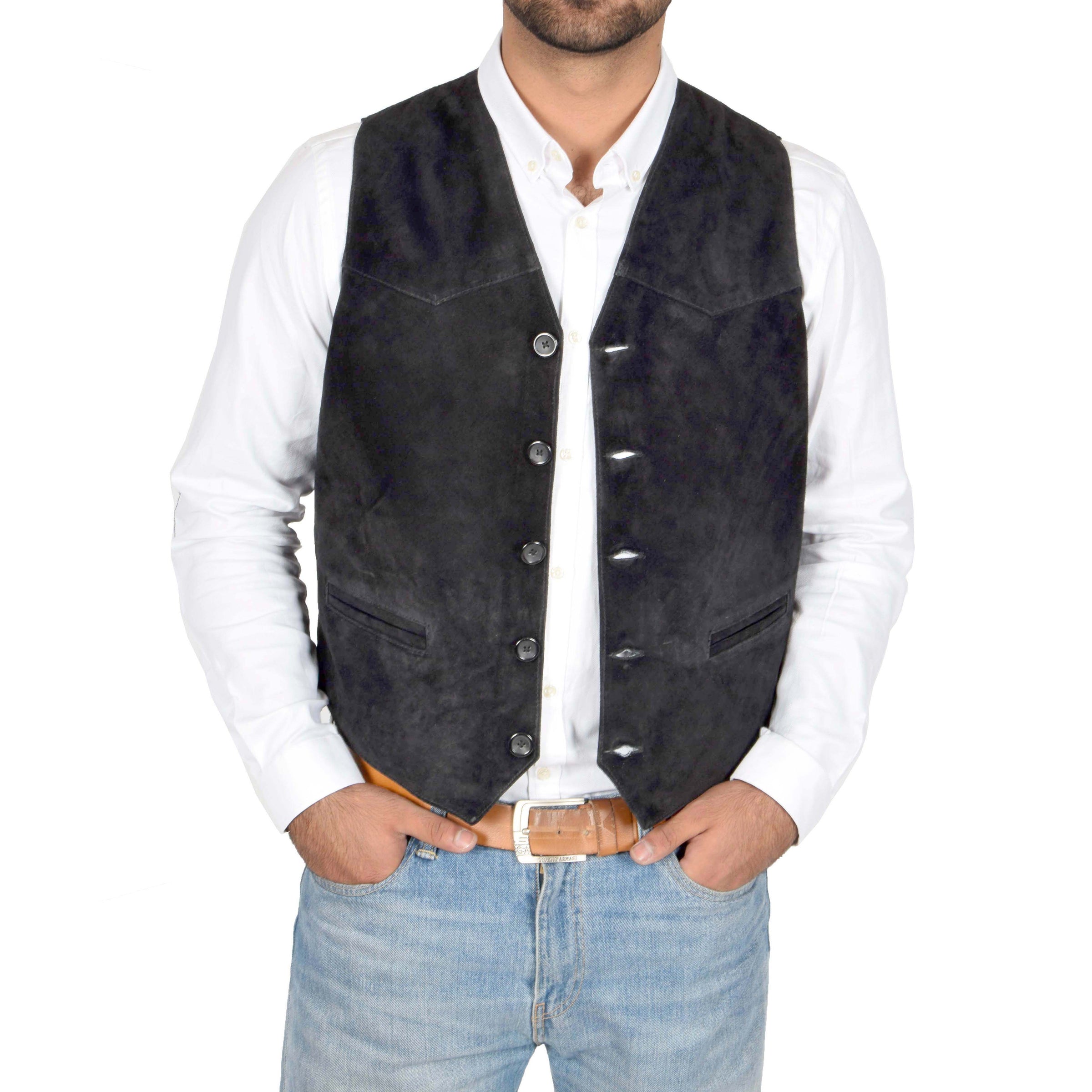 Mens Genuine Suede Button Waistcoat Black | House of Leather