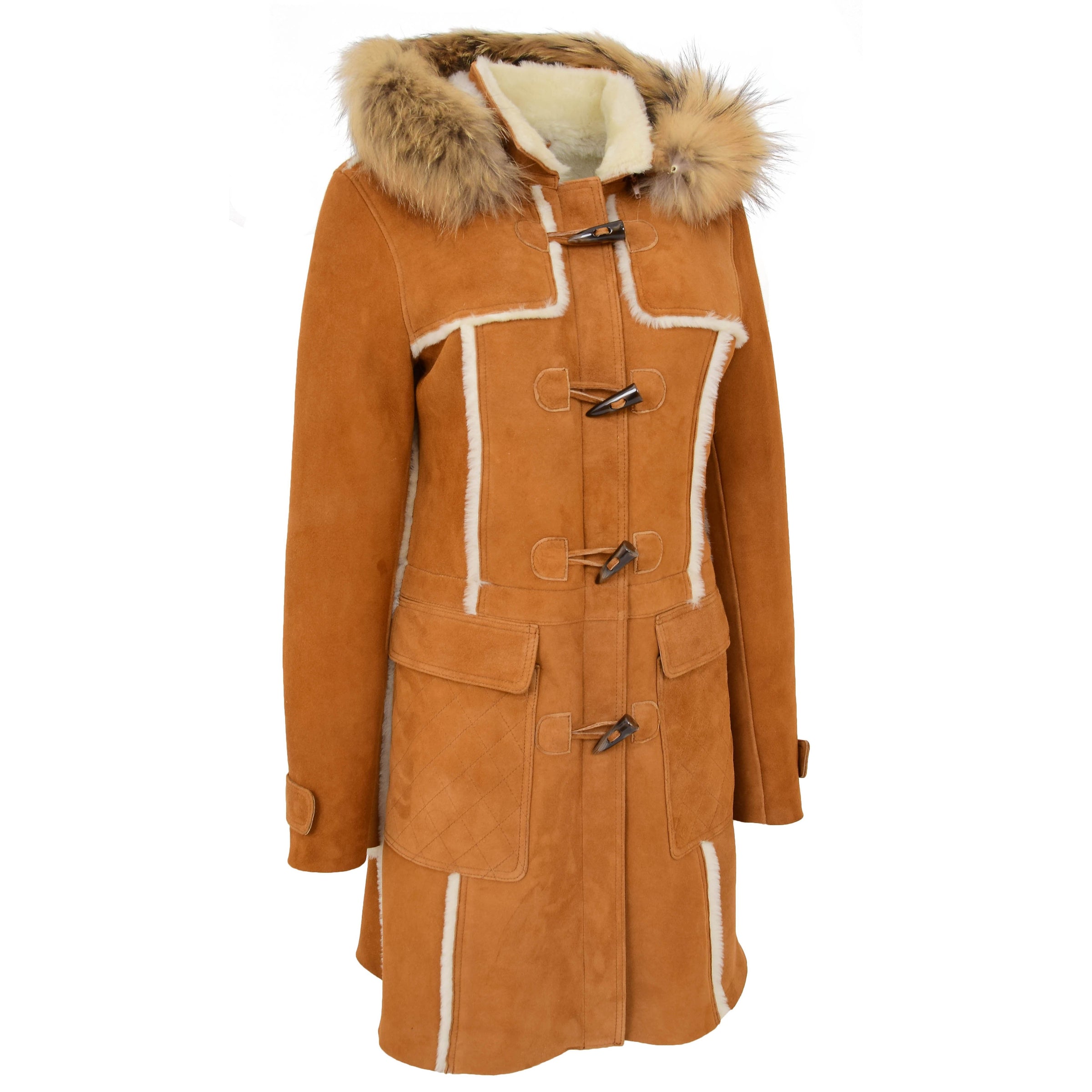 Womens Sheepskin Duffle Coat 3/4 Length Parka Beth Tan White – House of ...