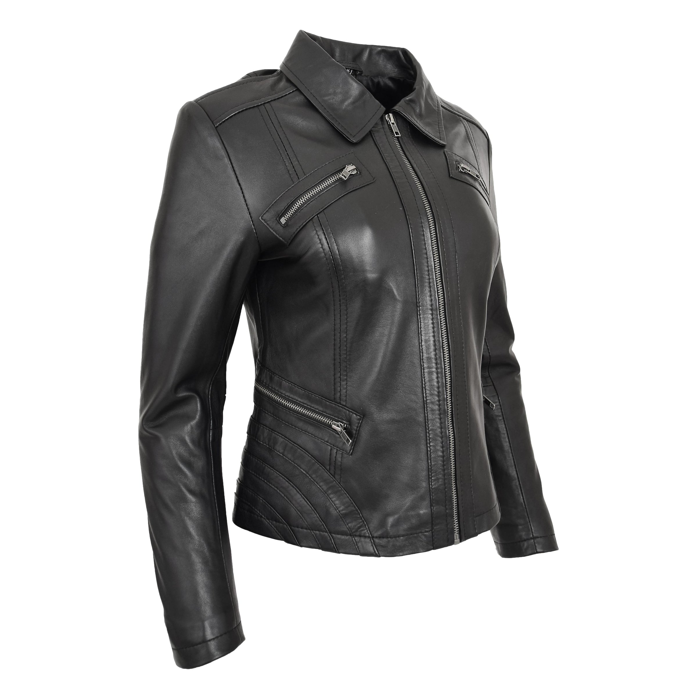 Womens Classic Leather Biker Zip Box Jacket Black | House of Leather