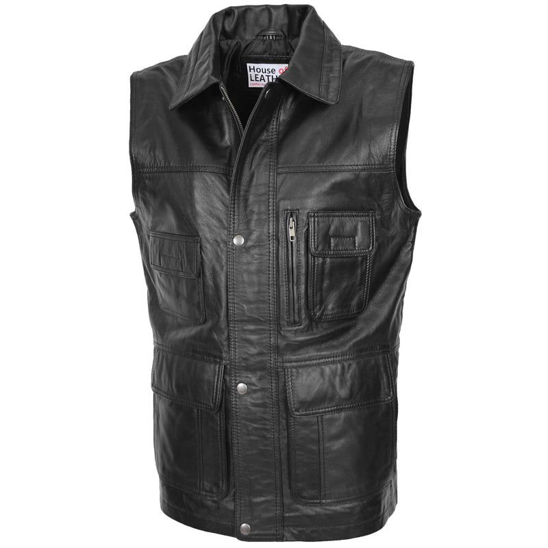 Multi Purpose Leather Gilet for Mens Black | House of Leather