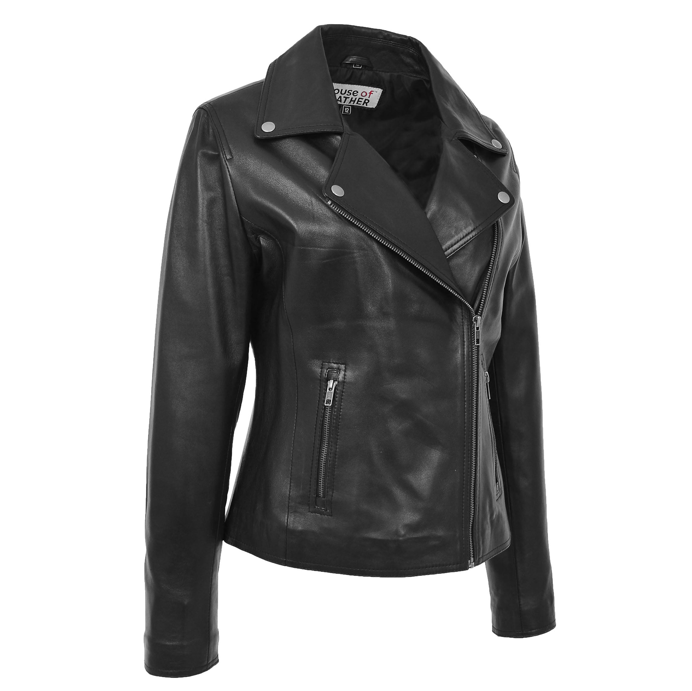 Womens Soft Leather Cross Zip Biker Jacket Black | House of Leather