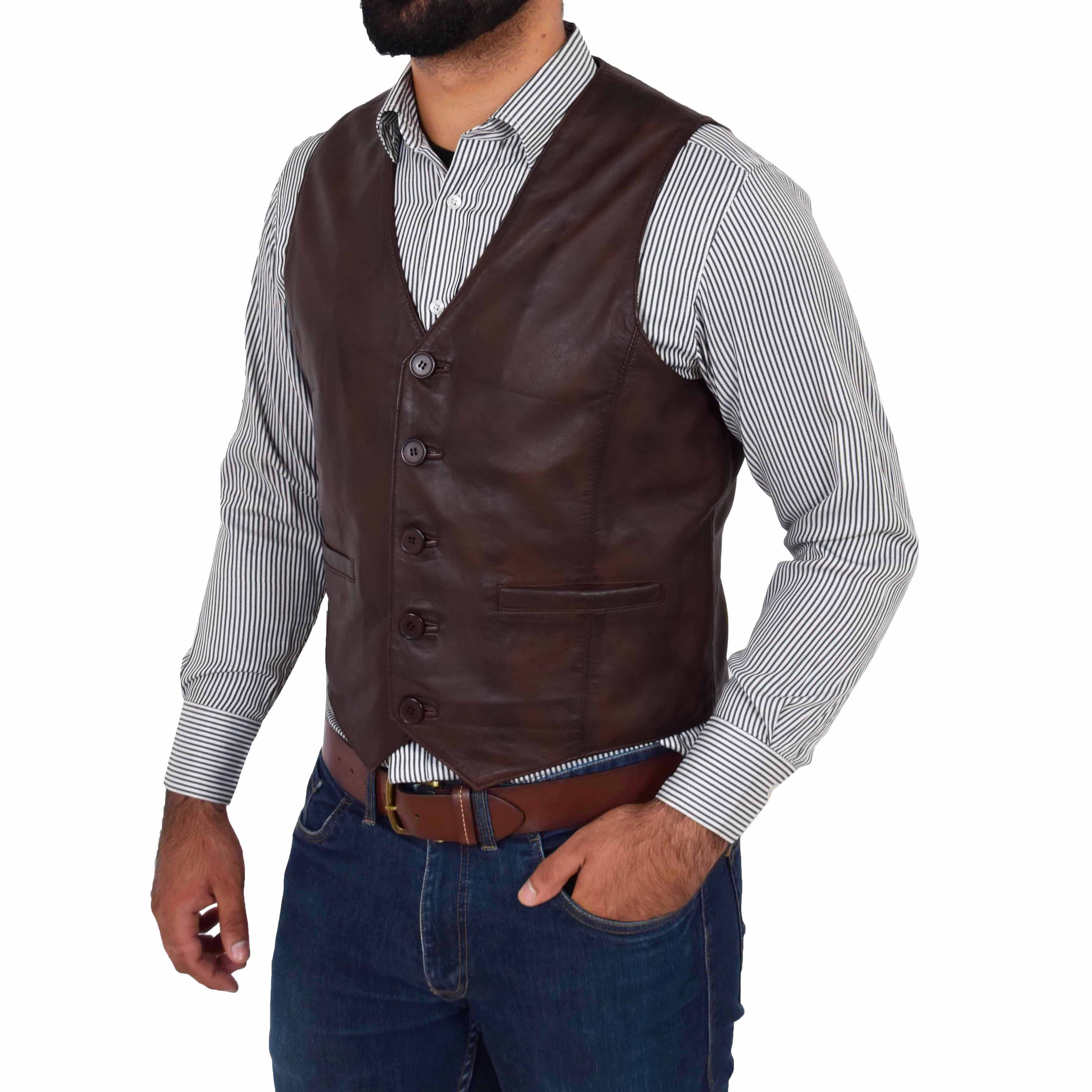 Mens Button Fastening Leather Waistcoat Brown | House of Leather