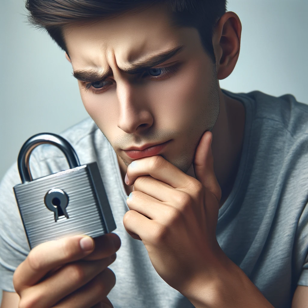 A young man with a contemplative expression is closely examining a padlock held in his hand.