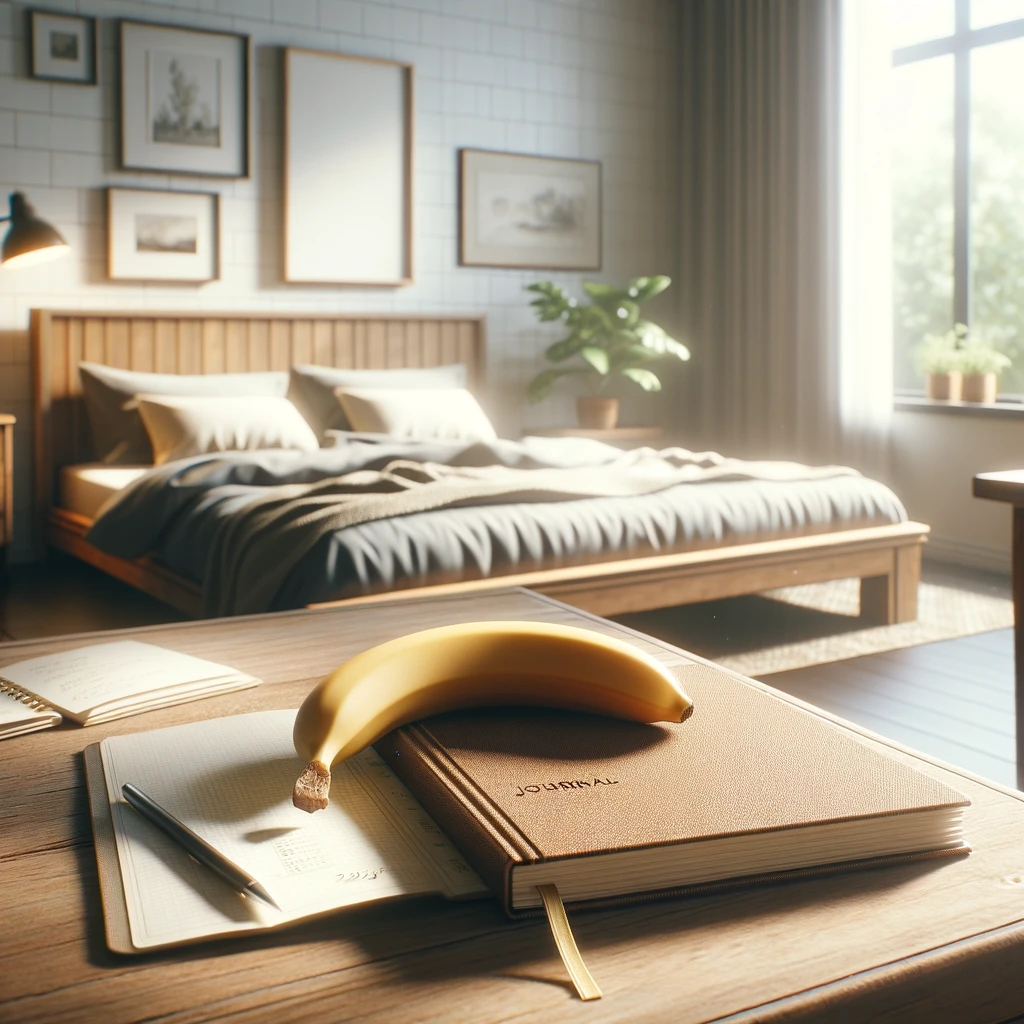 A banana rests on a closed journalset on a table with a bed in the background.