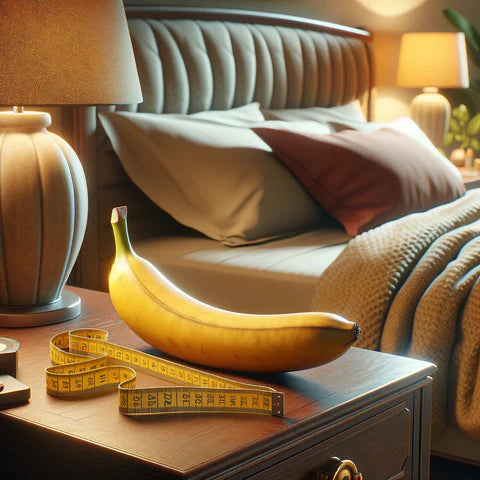 a banana and a measuring tape on a nightstand, indicating measurement