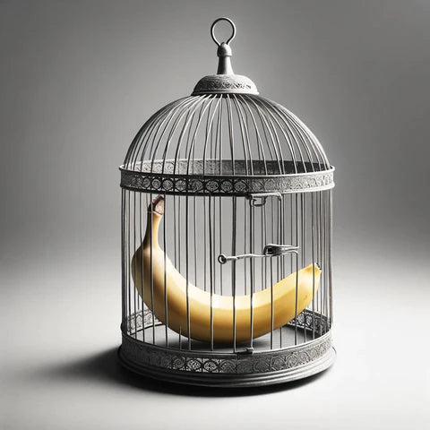 a banana in a cage, representing chastity cage