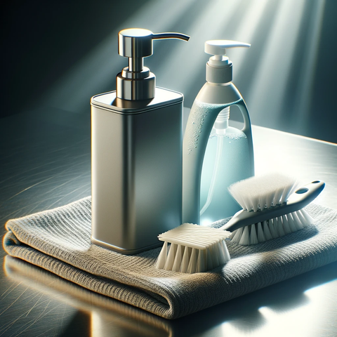 Cleaning materials such as soap, sanitizer, and brush