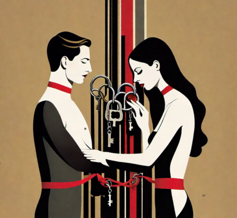 A cartoon image of a couple into chastity play