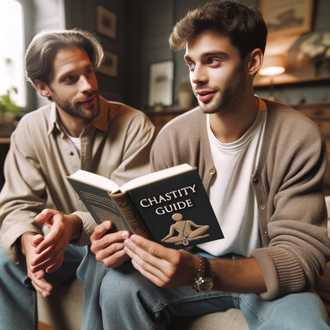 Two men engaged in a conversation, with one holding a book titled "Chastity Guide".