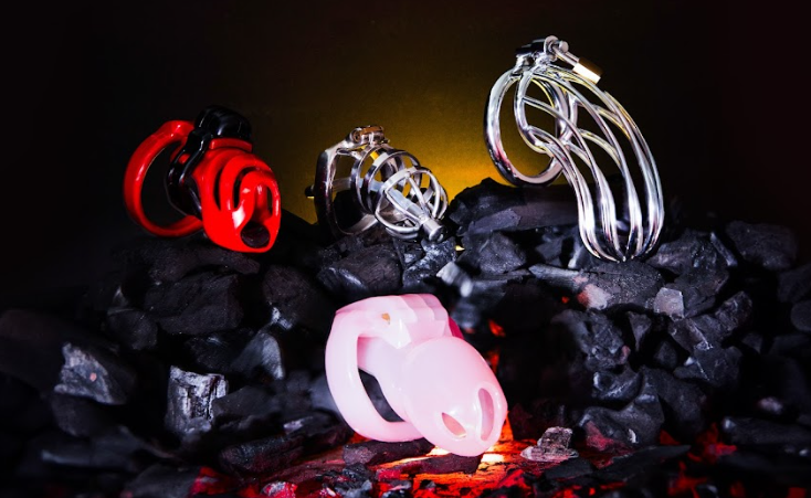 A collection of different materials of chastity cages