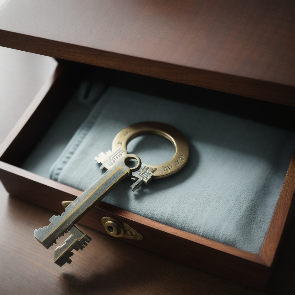 A key is displayed over a soft cloth inside an open wooden drawer,