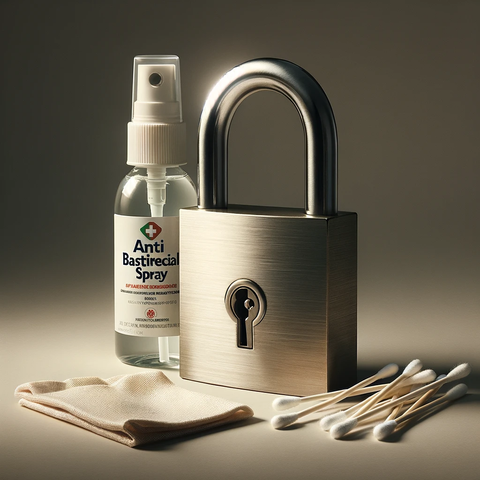 A padlock displayed with antibacterial spray, a cloth, and cotton swabs.