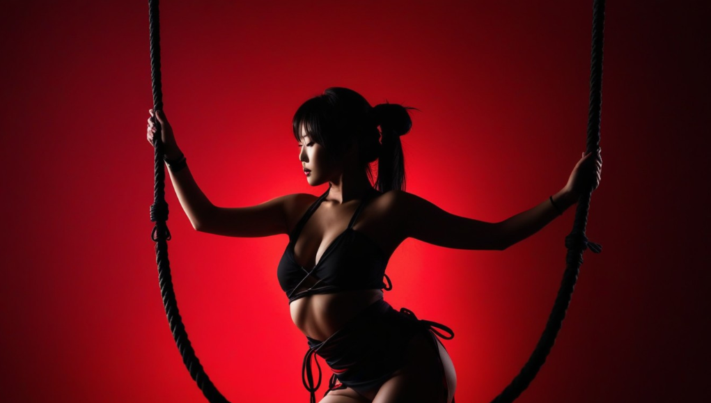 A girl is engaging in shibari, a form of rope bondage