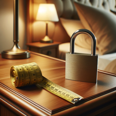 A padlock beside a measuring tape on a wooden surface