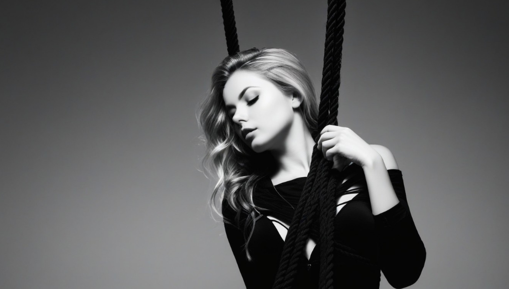 woman with closed eyes, holding onto a rope, with a soft-focused background.