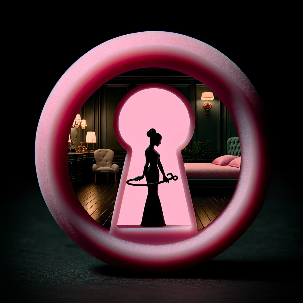 artistically portrays a silhouette of a woman holding a key within a pink glowing keyhole, symbolizing the concept of chastity.