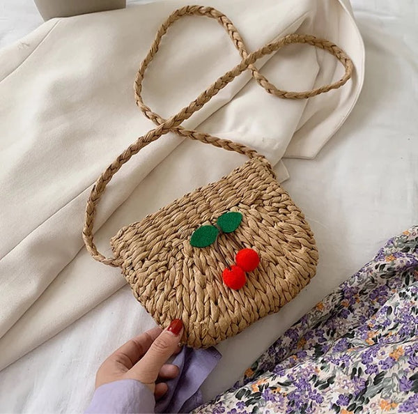 Summer Cherry Straw Crossbody Handbag