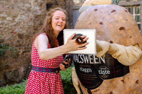 Alison Grieve and Macsween Haggis mascot Hamish Haggis watching funny videos on iPad with G-Hold Haggis Tablet Holder