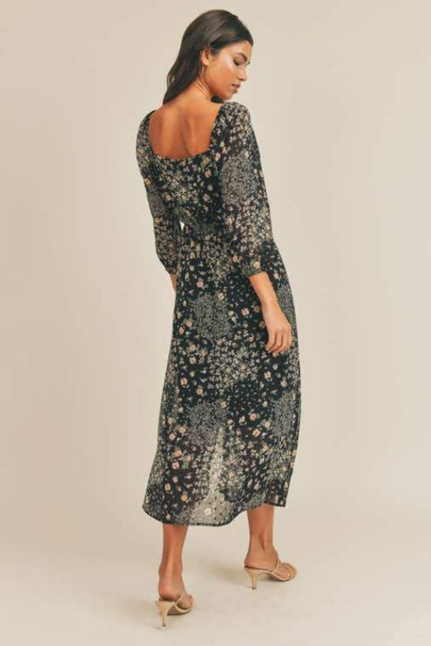 DEMI Floral & Lace Midi Dress- BLACK
