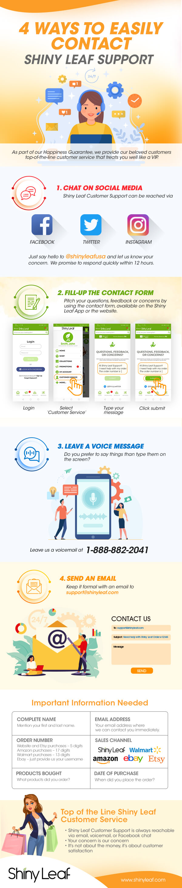 4 Ways to Contact Shiny Leaf Support Infographic