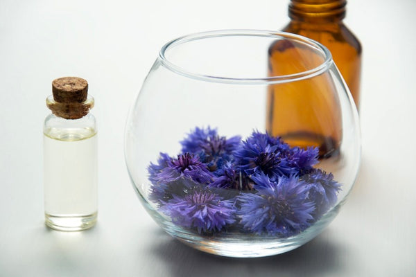 Flower essential oils in different containers