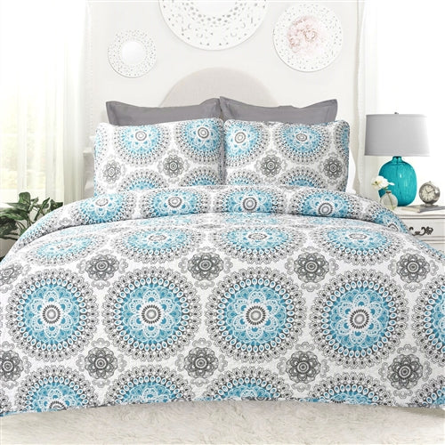 King Aqua Blue Grey Floral Pattern Quilt Set