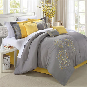 King Size 8 Piece Modern Yellow Grey Floral Comforter Set