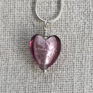 Necklace with light amethyst (purple) Murano glass small heart pendant on silver chain