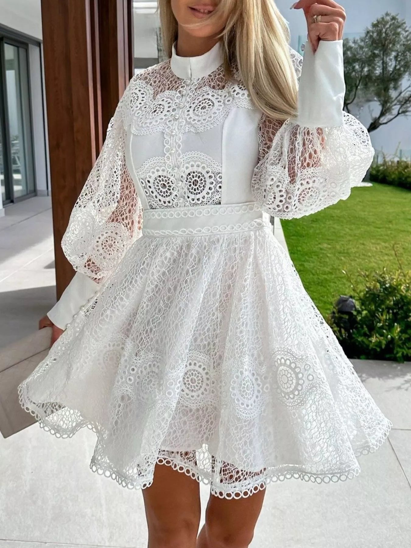 Lace Lantern Sleeve Mini Dress