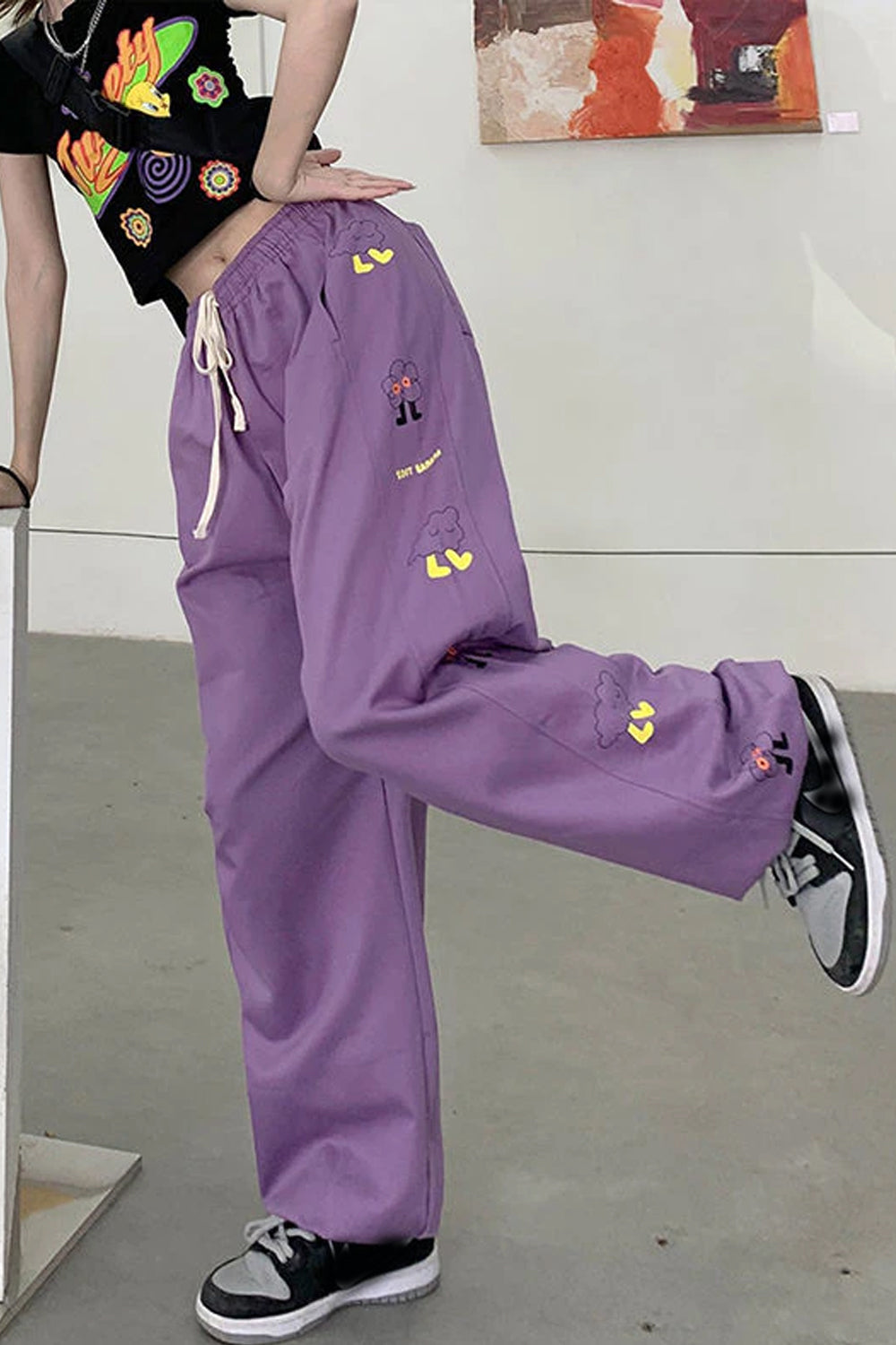 Cartoon Side Printed Wide Leg Purple Pants – Tomscloth