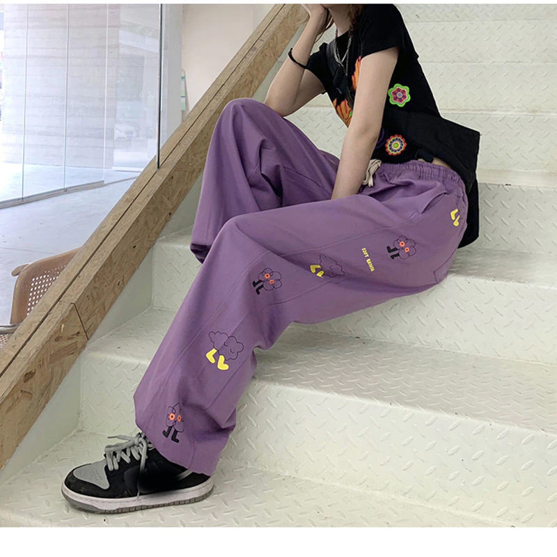 Cartoon Side Printed Wide Leg Purple Pants – Tomscloth