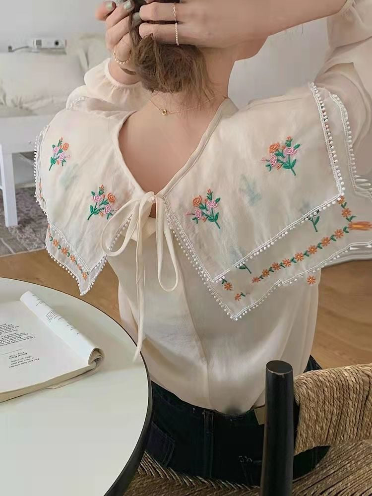 Florals Embroidery Square Collar Retro Blouse Shirt