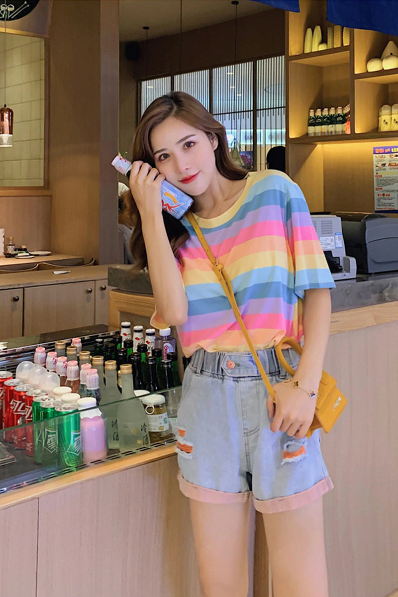 Short Sleeve Pastel Rainbow Striped Shirt – Tomscloth