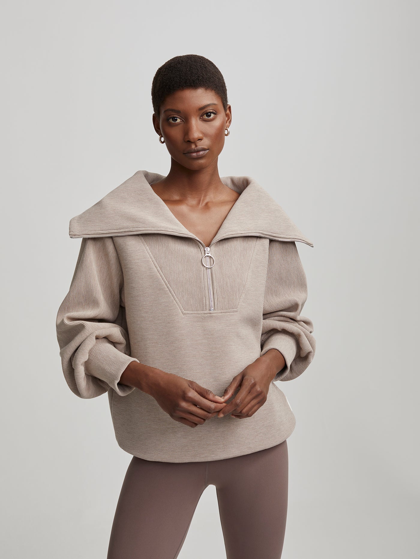 Varley Vine Half Zip in Taupe Marl  Half zip pullover, Half zip,  Exaggerated sleeves