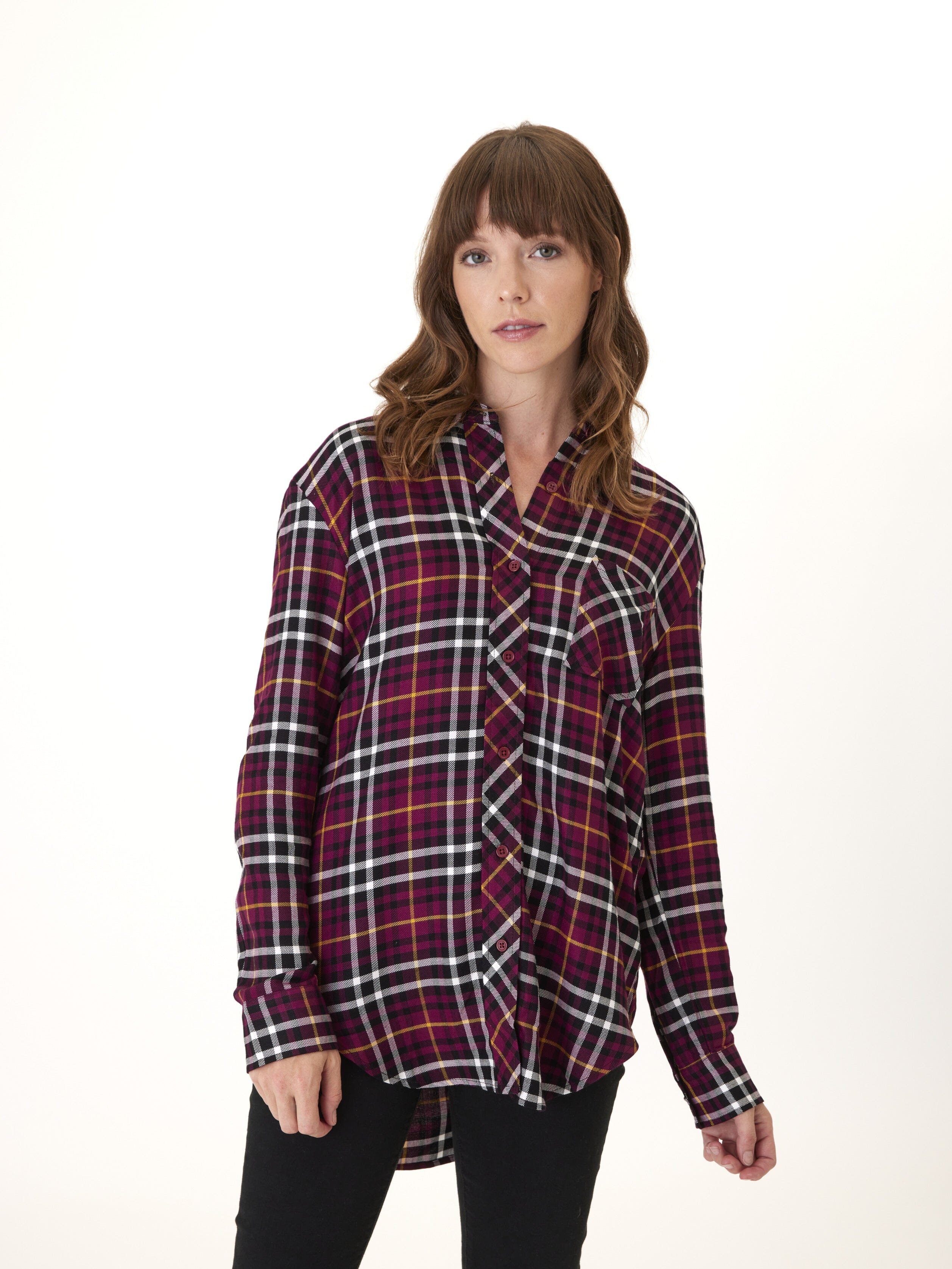 Marlow Woven Button-Up Plaid Shirt Womens Tops Long Threads 4 Thought 