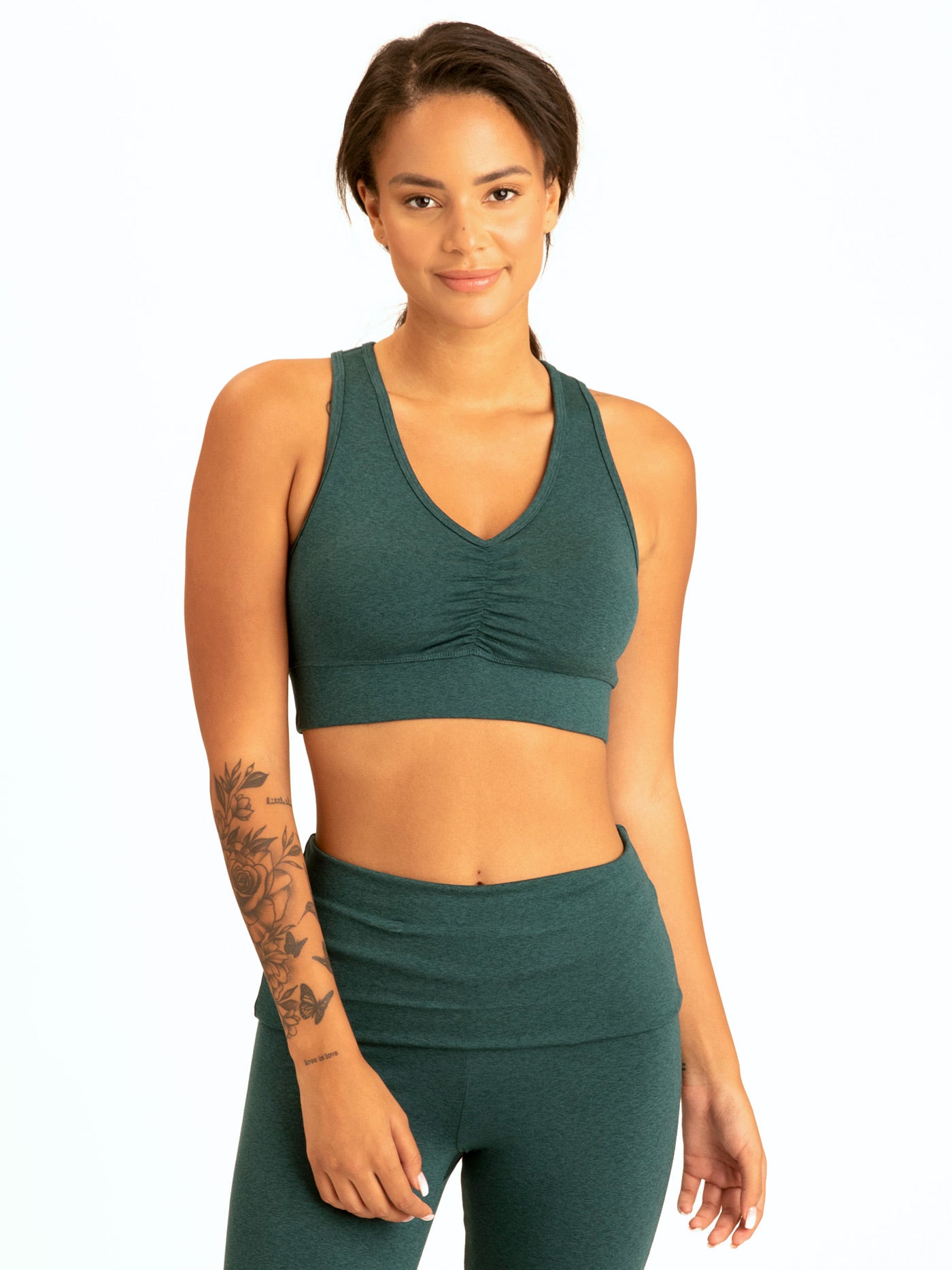 Beyond Yoga Spacedye Lift Your Spirits Bra Deep Olive Heather SM